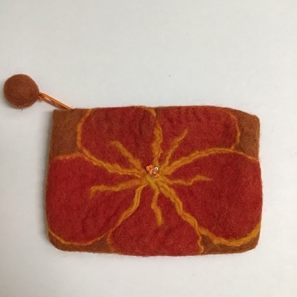 Artisan Wool Felt Orange Red Hibiscus Flower Zip Coin Purse 4x6” Hawaii Pom Pom - Picture 8 of 8